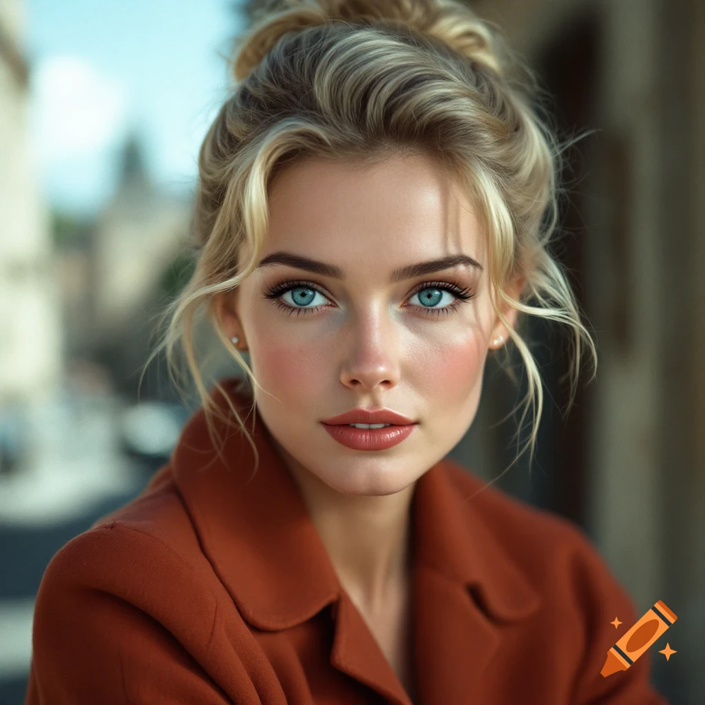 Close-up photorealistic portrait of a blonde woman with blue eyes wearing a coat