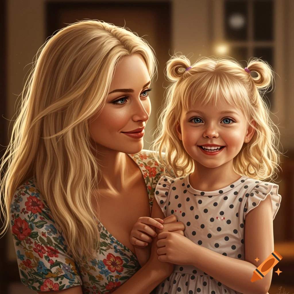 A photorealistic portrait of a blonde mother looking at her smiling blonde daughter with pigtails. They are holding hands.