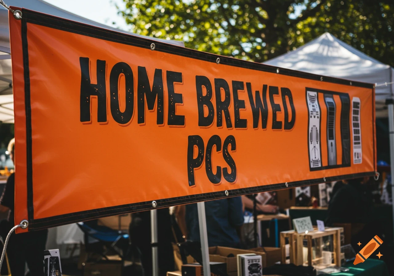 Orange banner at an outdoor event says HOME BREWED PCS and has illustrations.
