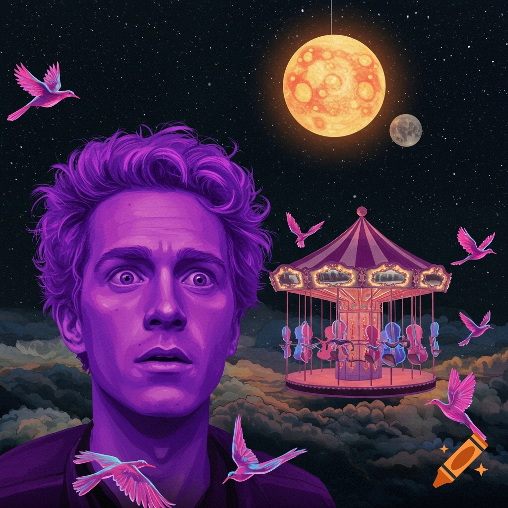 Surreal image of a man with purple hair looking at a floating carousel with violins, pink birds, and a large moon in a starry sky.