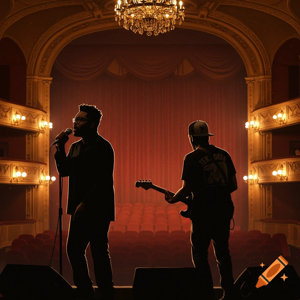 Silhouettes of a singer and guitarist on stage in a vintage theater.