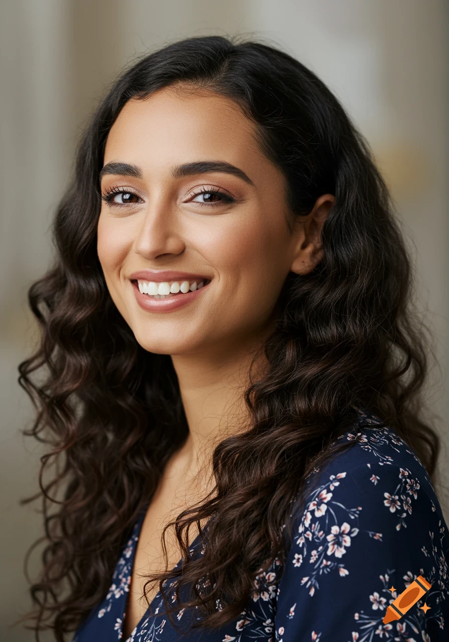 Portrait of a smiling young woman in a floral dress