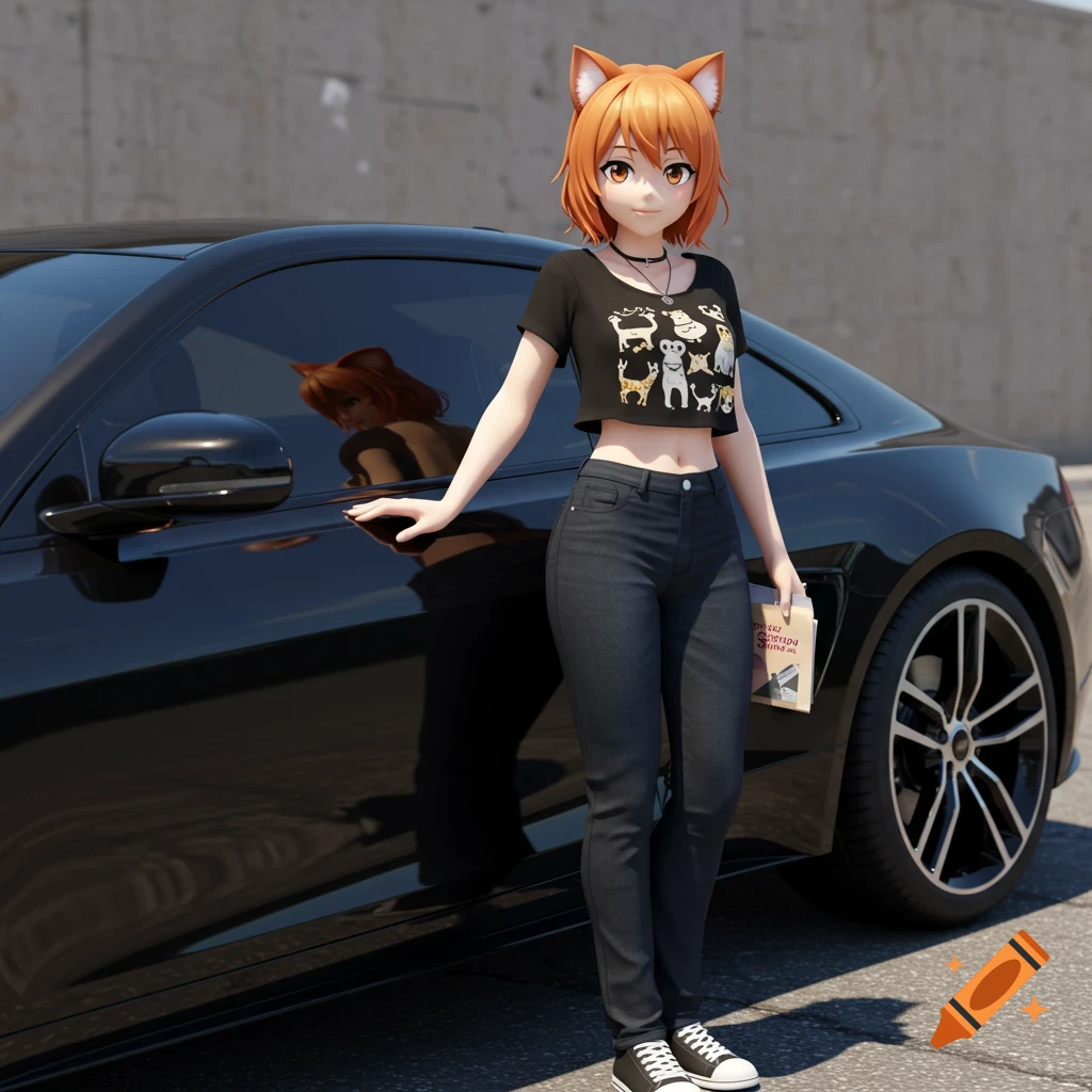 Anime girl with cat ears and orange hair stands next to a black car.
