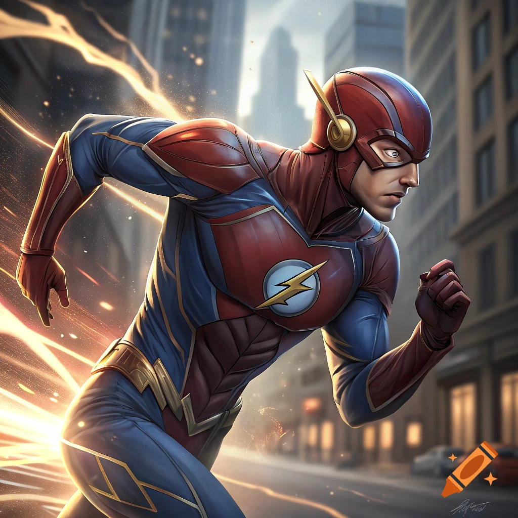 The Flash runs at super speed through a city street.