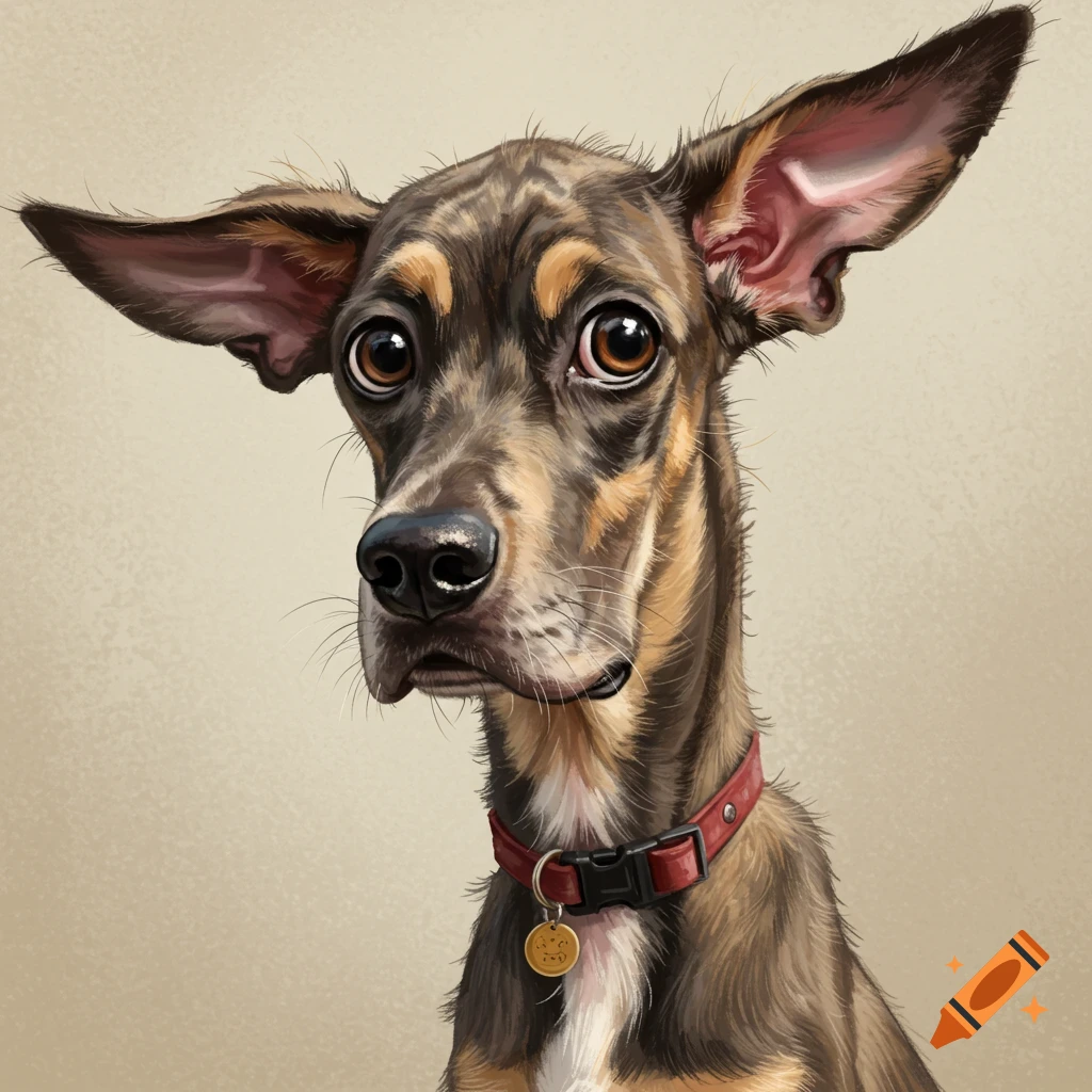 Illustration of a dog with large ears and big eyes, wearing a red collar.