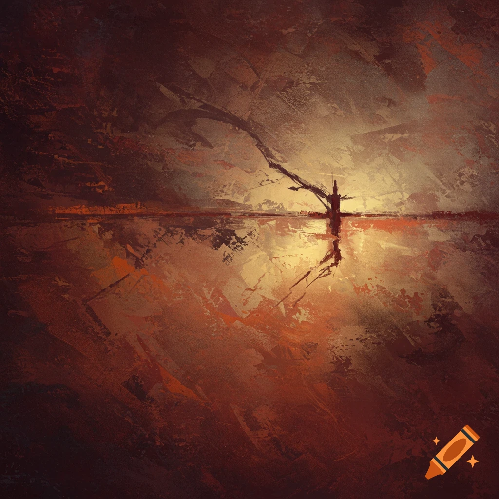 Abstract painting with textured brushstrokes, a dark cross-like shape silhouetted against a golden and red background.