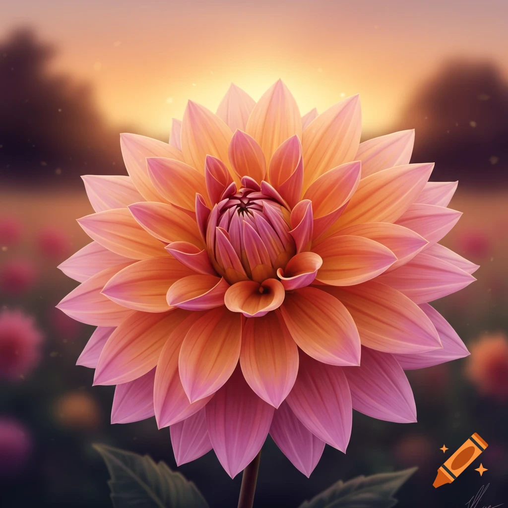 Close-up of a pink and orange dahlia flower at sunset
