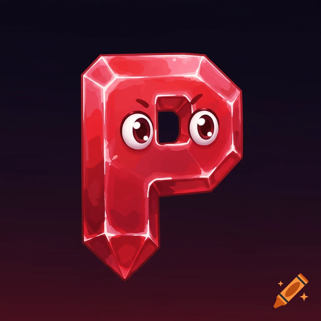 A red P shaped crystal with cartoon eyes on a dark background.