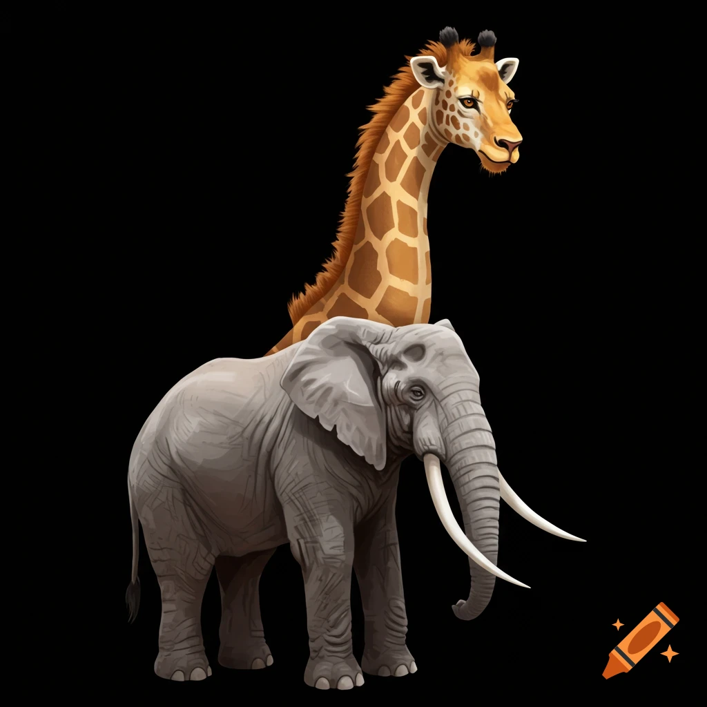 An illustration of an elephant's body with a giraffe's neck and head against a black background.