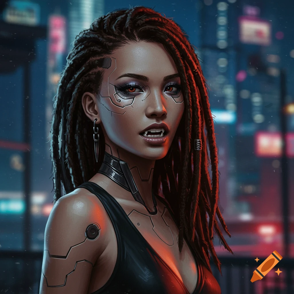 Beautiful asian woman with dreadlocks and chrome fangs cyberpunk 2077