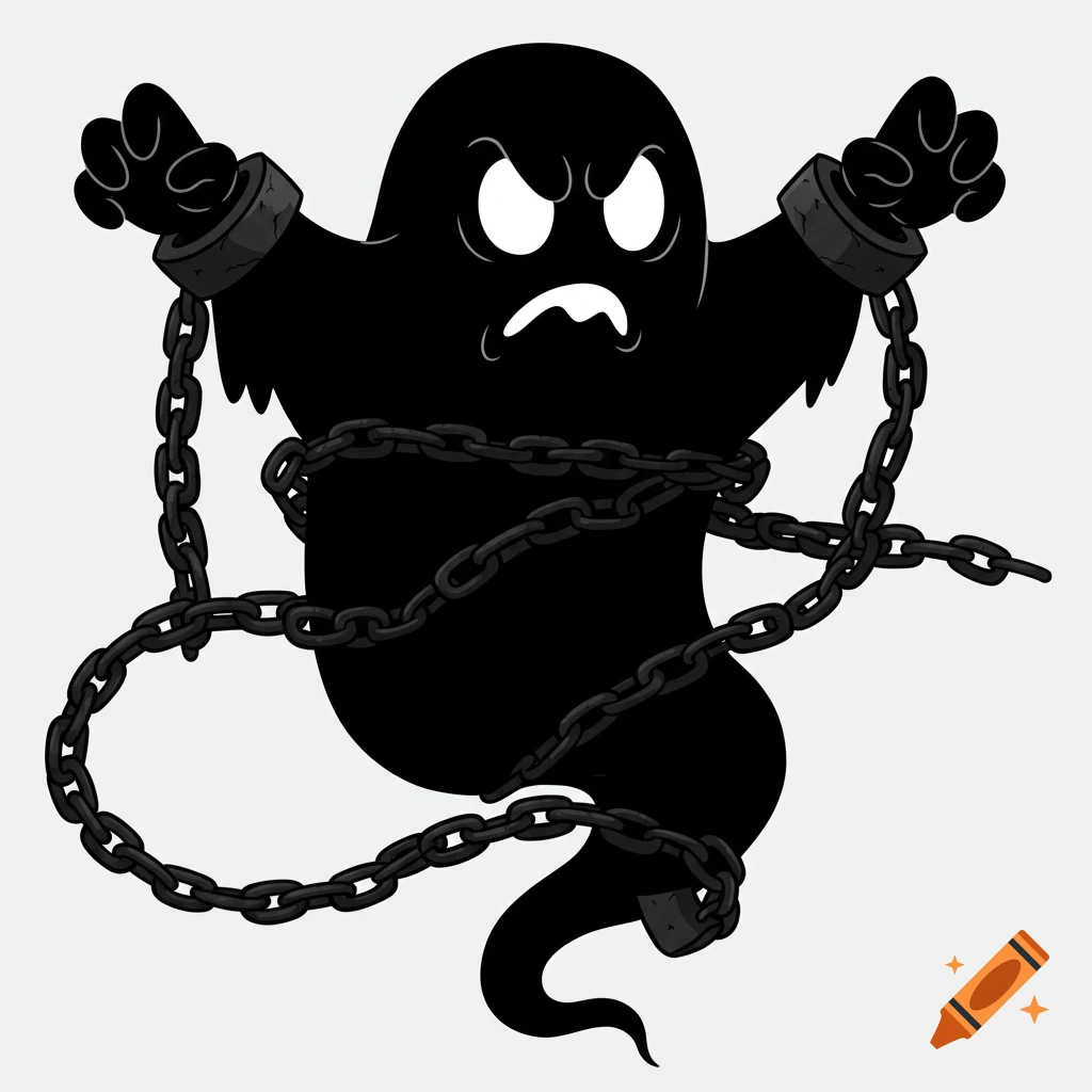 A black cartoon ghost is bound by heavy chains.