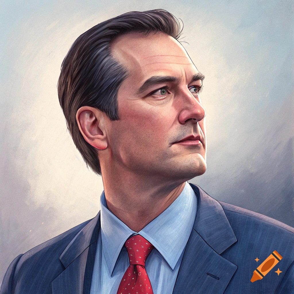 A portrait of a man in a blue pinstripe suit and red tie, looking away.
