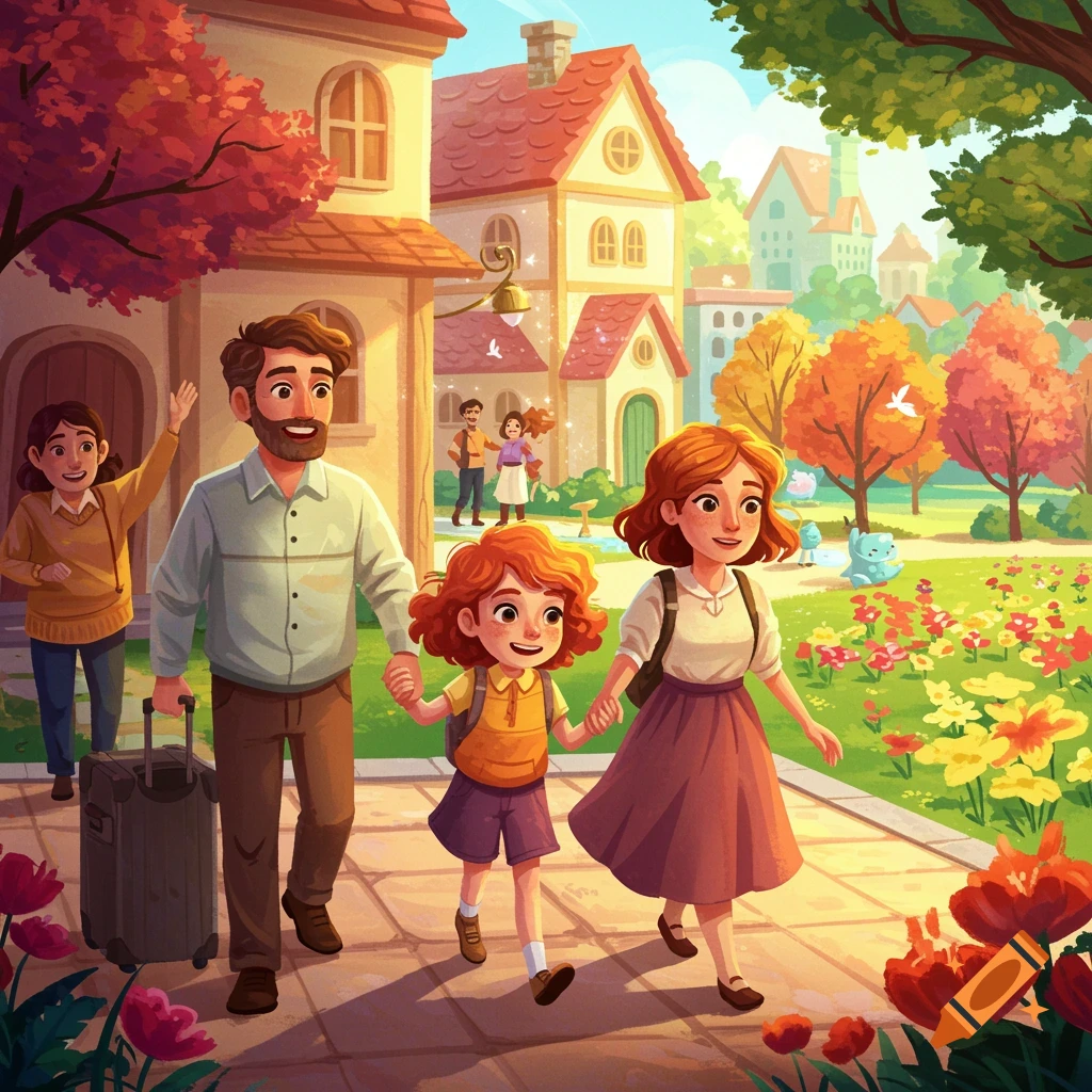 Illustrated family walking with a suitcase through a colorful village street in autumn.