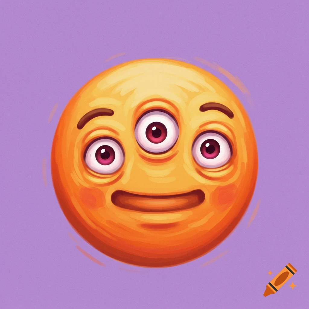 Illustration of a yellow emoji face with three eyes and a slightly uneasy expression on a purple background.
