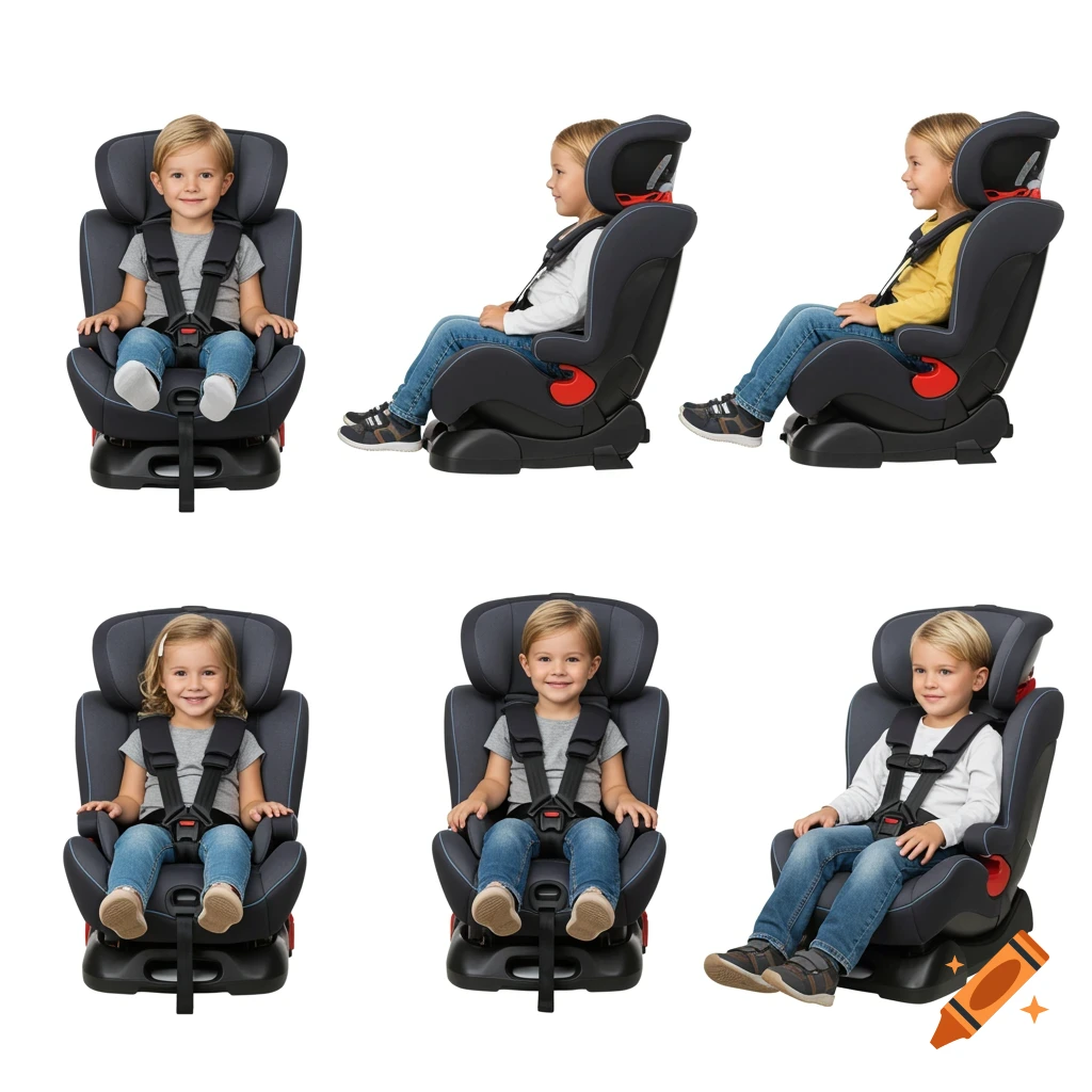 Multiple views of children in car seats.