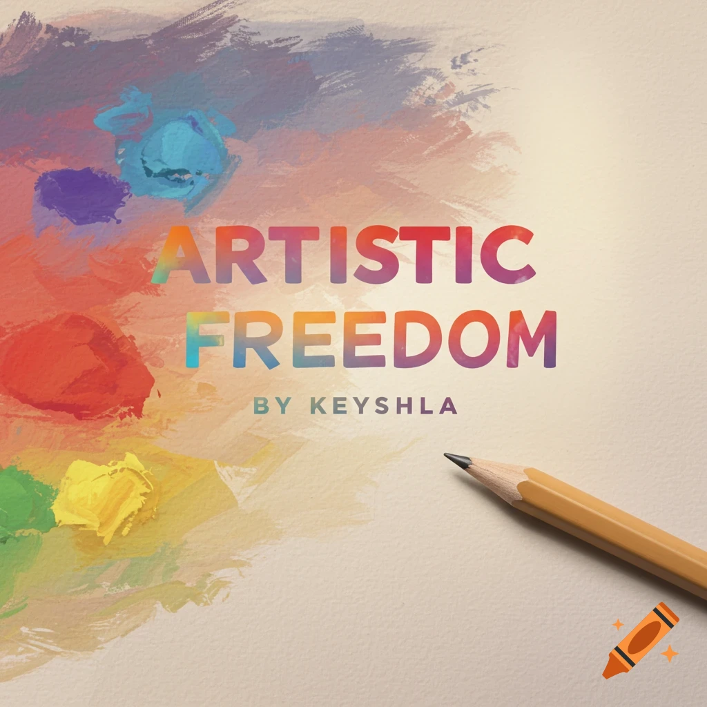 Abstract paint strokes and text 'ARTISTIC FREEDOM BY KEYSHLA' with a pencil on textured paper.