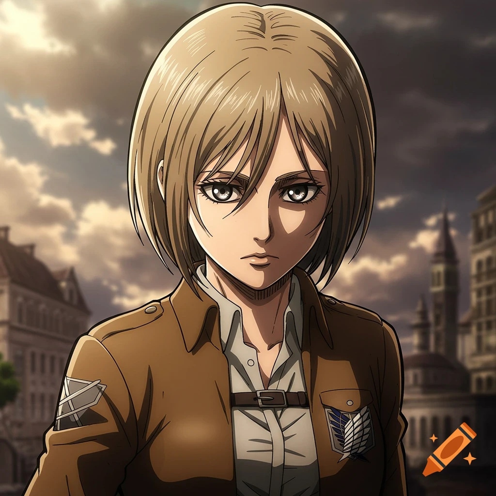 Anime portrait of a blonde woman in a brown jacket, set against a detailed sky and buildings.