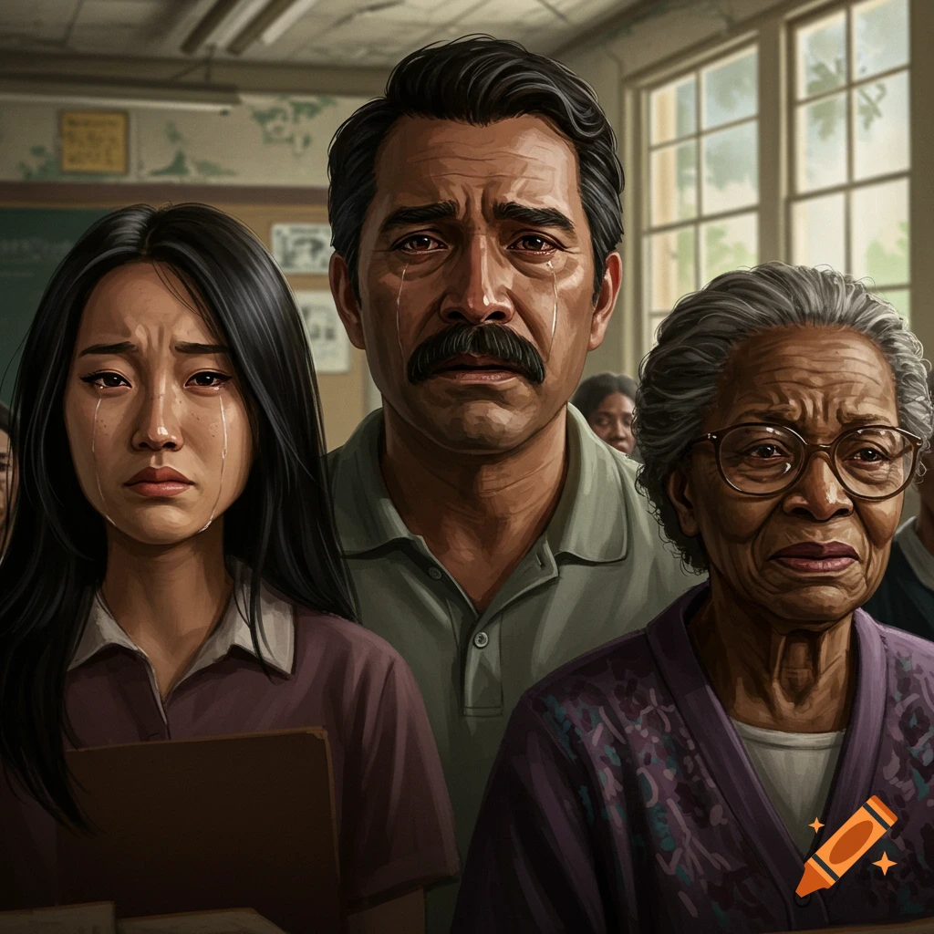 Three diverse people (young woman, man, older woman) cry in a classroom setting, painted style.