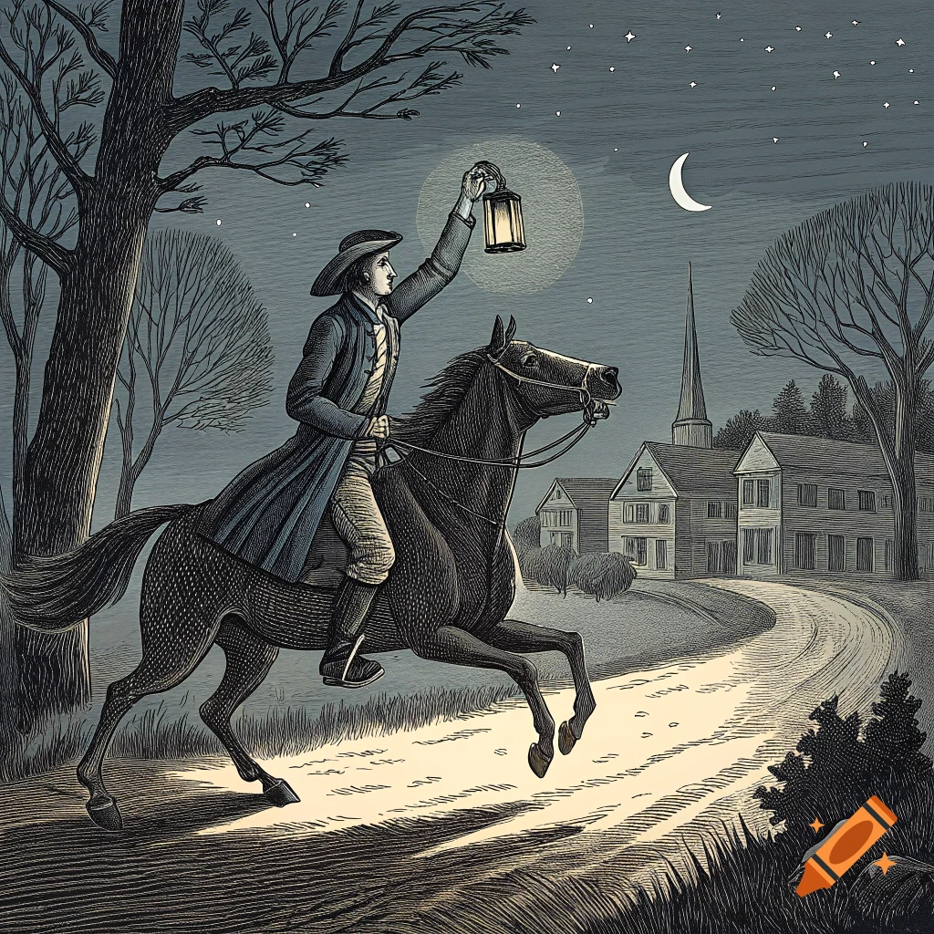Person riding a horse at night holding a lantern, in engraving style.