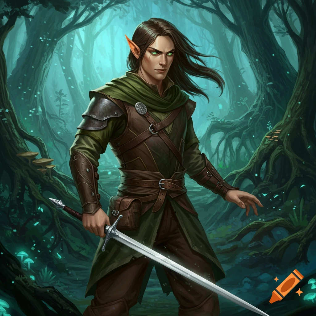 A male elf in leather armor stands in a mystical forest, holding a sword.