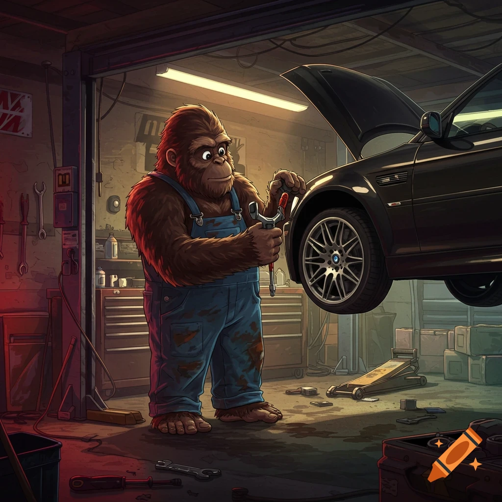 Cartoon gorilla working on a black car in a garage