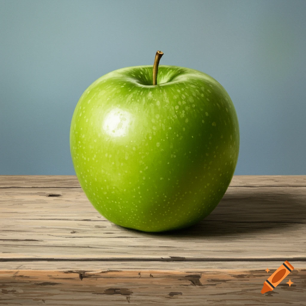 A vibrant green apple sits on a rustic wooden table against a blue background in a realistic style.