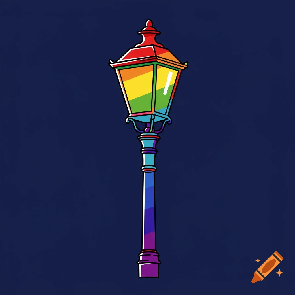 A stylized lamp post with rainbow colors against a dark background.