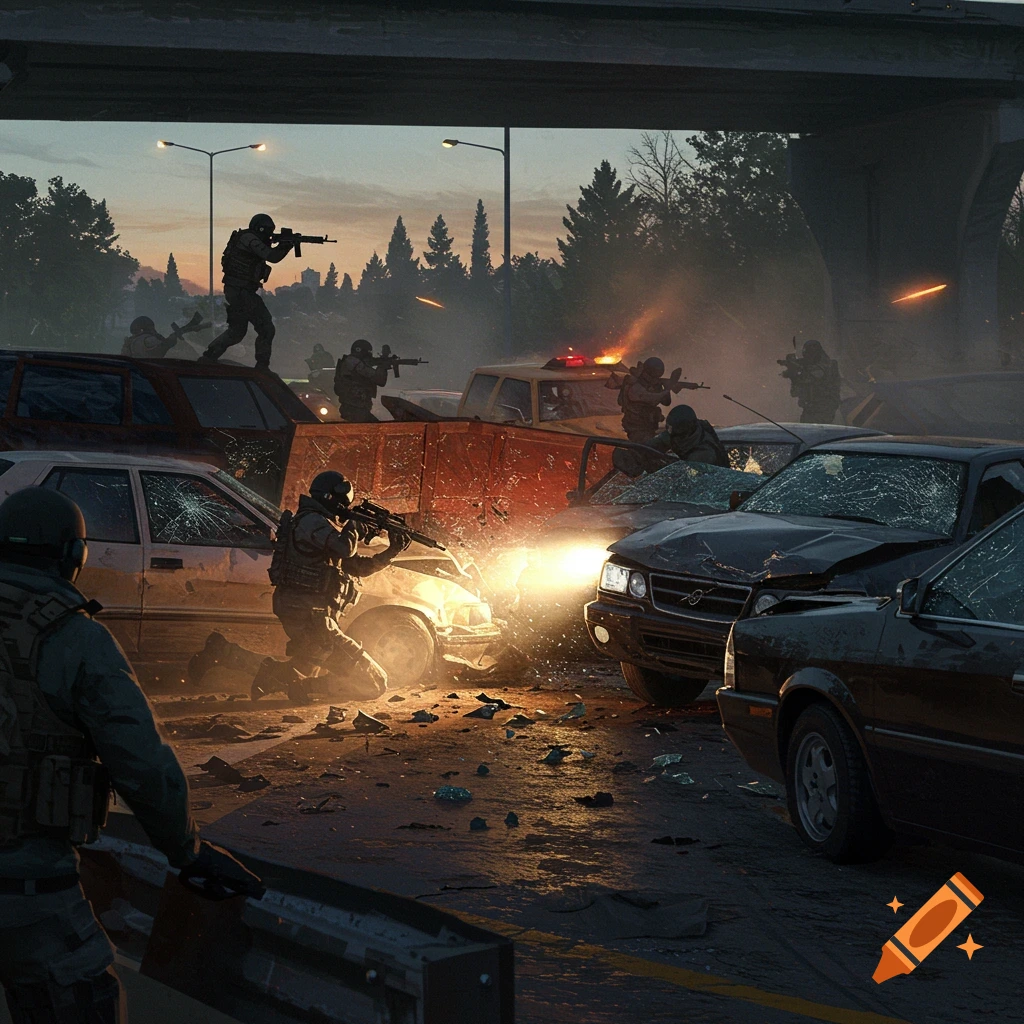 Soldiers engage in a chaotic combat scene around crashed cars with gunfire and explosions.