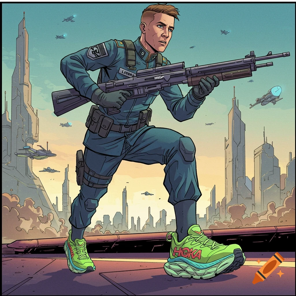 A man in a futuristic uniform runs across a rooftop holding a rifle, with a sci-fi city in the background. Comic art style.