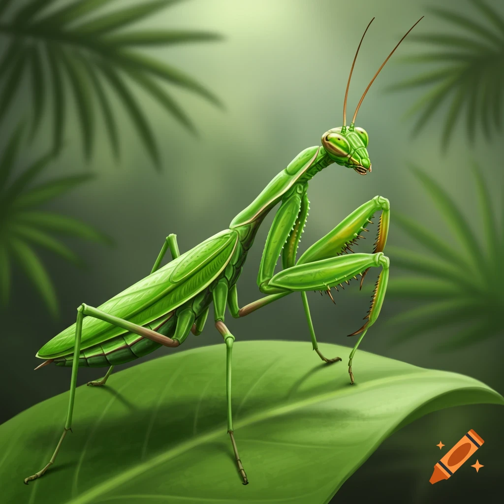 Green praying mantis on a leaf in a jungle background.