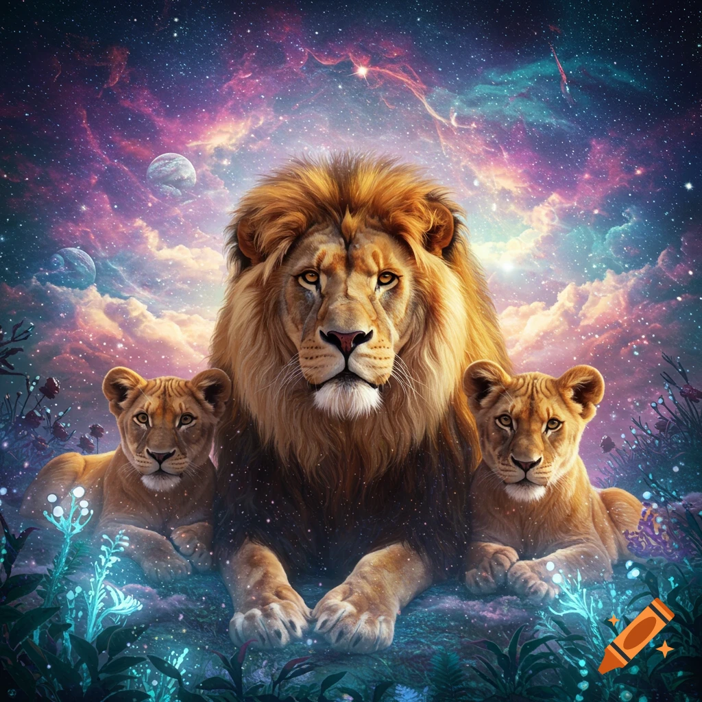 A pride of lions sits amongst glowing plants against a background of a starry galaxy and colorful clouds.
