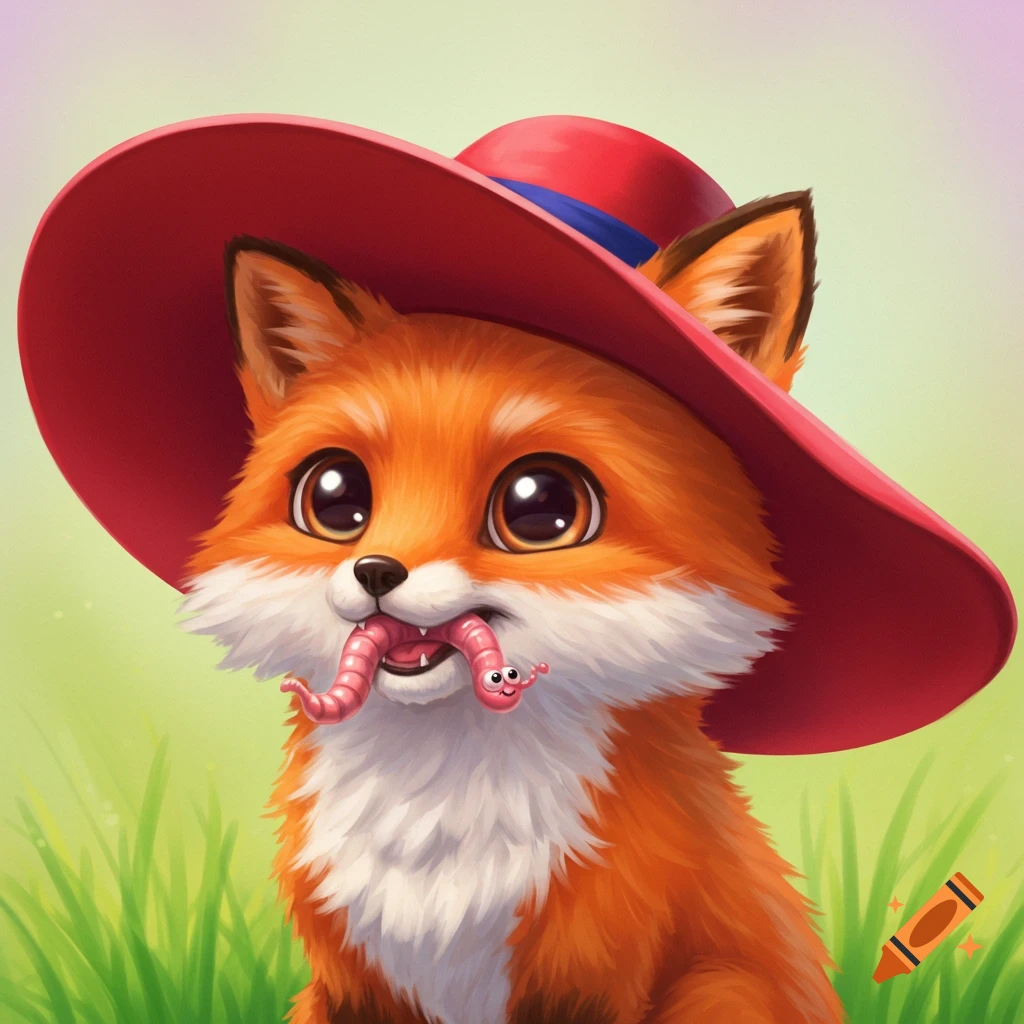 Cute illustration of a fox wearing a red hat and eating two worms in the grass.