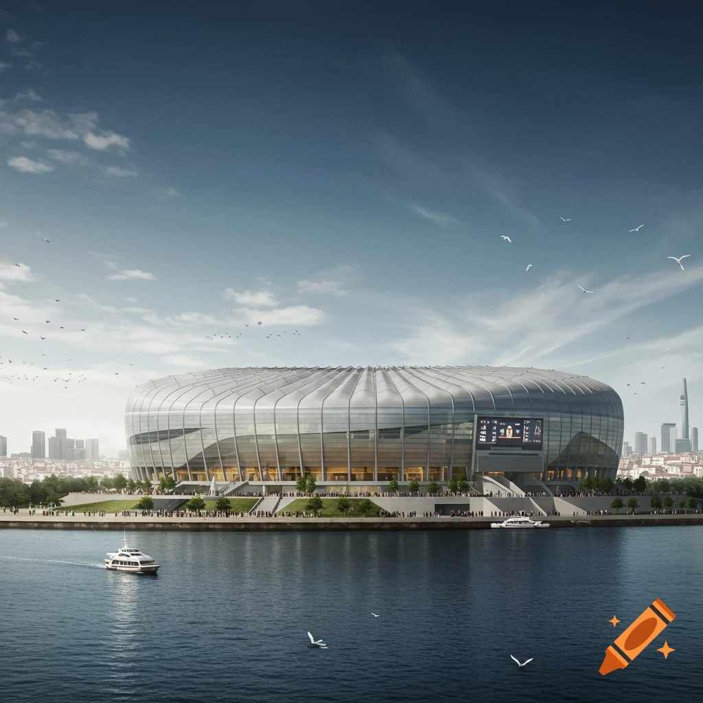 A large modern stadium on the waterfront of a city, with a boat on the water and birds flying.