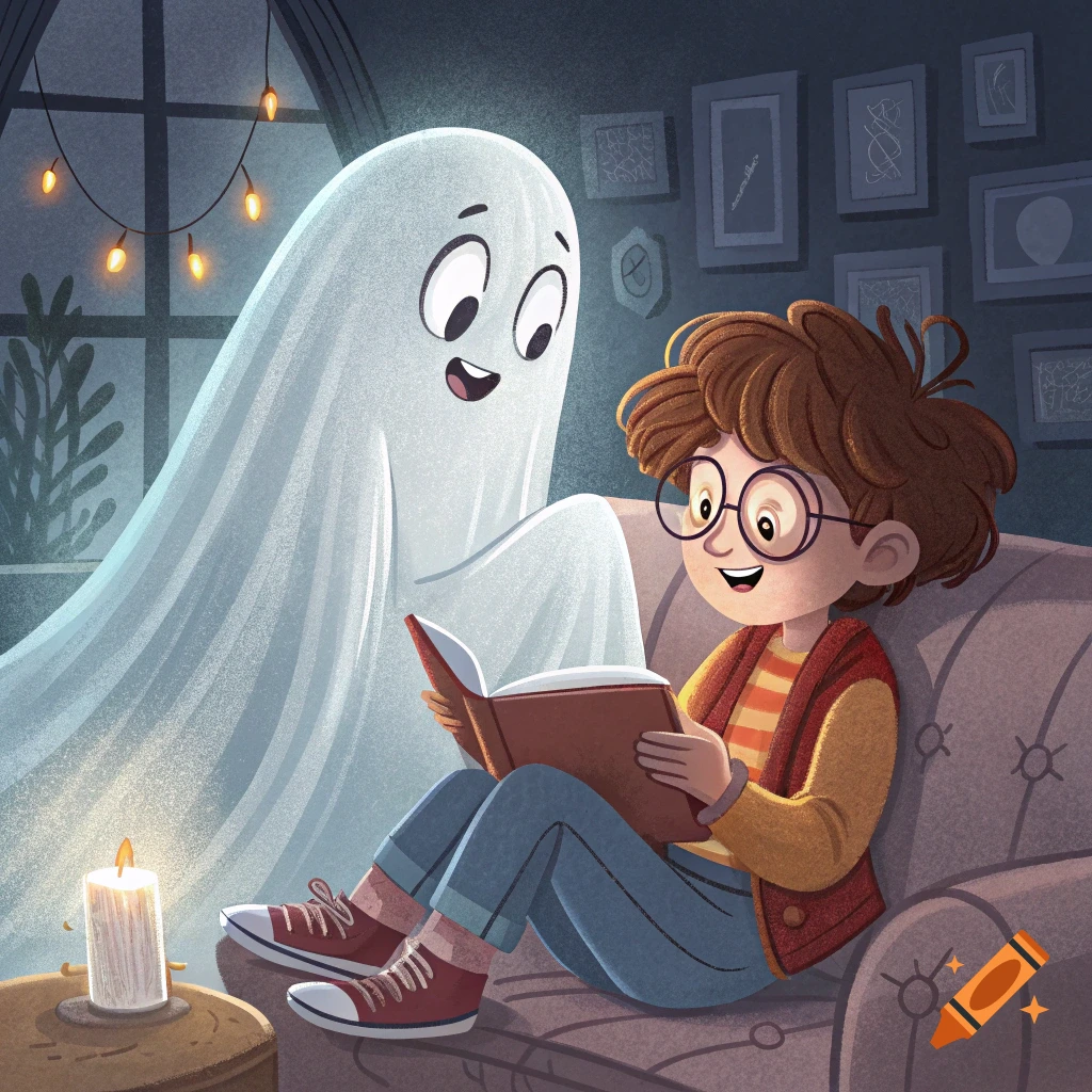 Illustration of a boy reading a book with a friendly ghost in a dimly lit room.