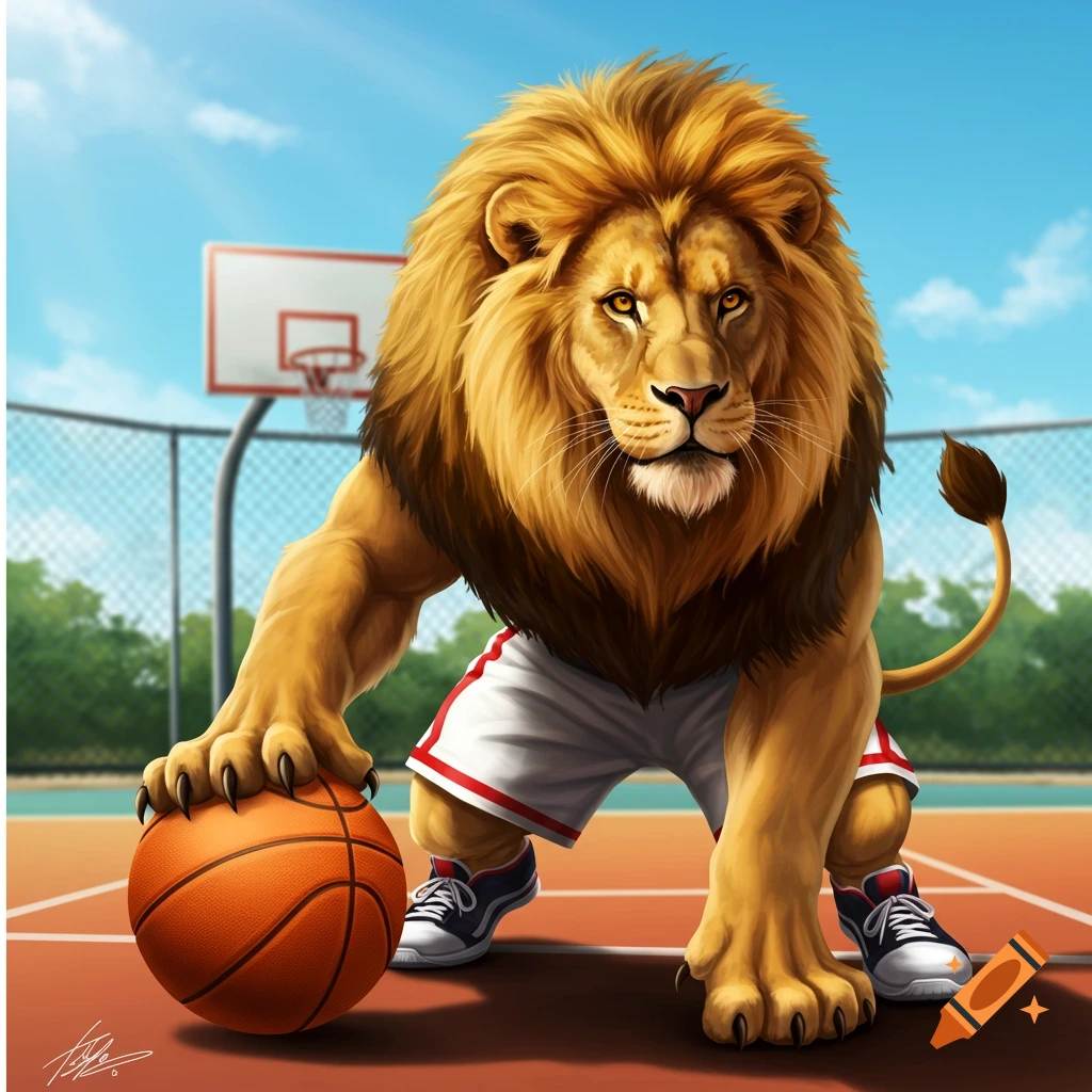 An illustration of a lion playing basketball on an outdoor court.