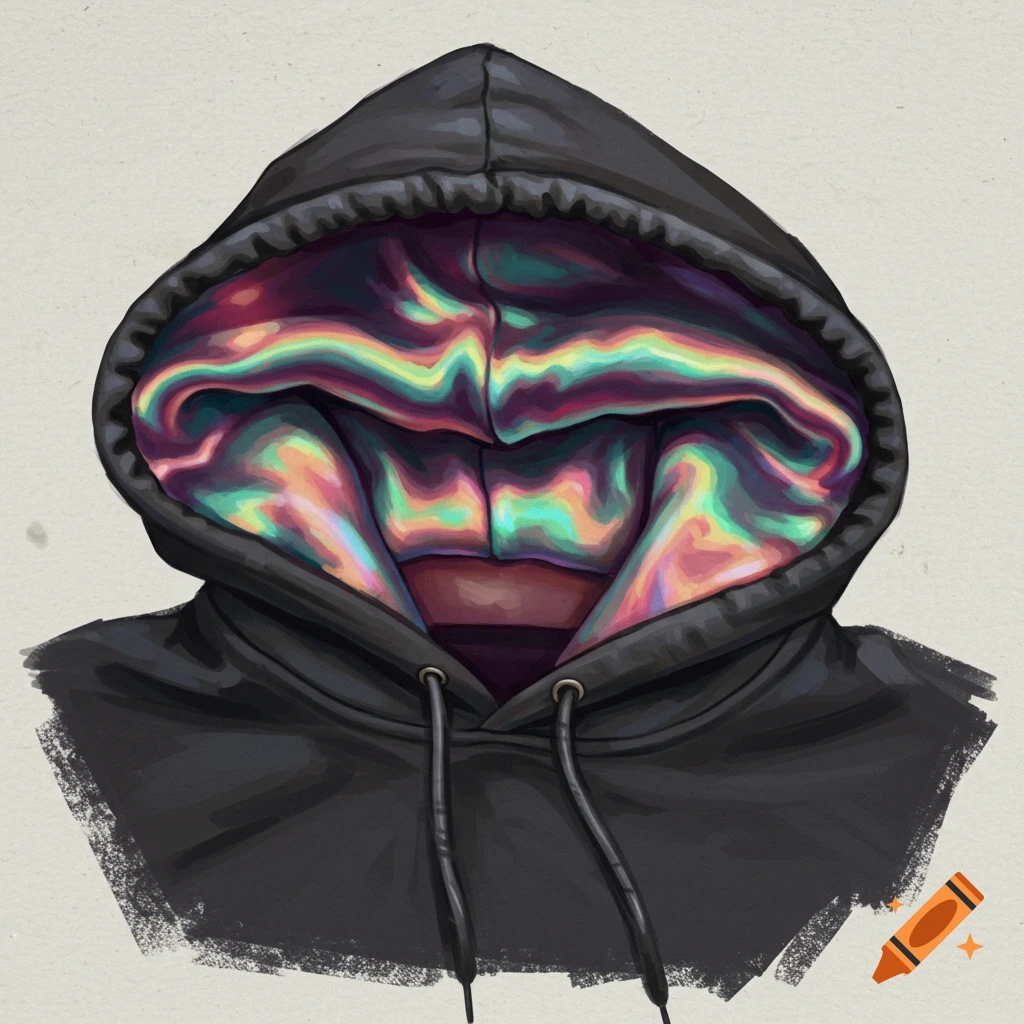 A black hoodie with a swirling, iridescent lining inside the hood.