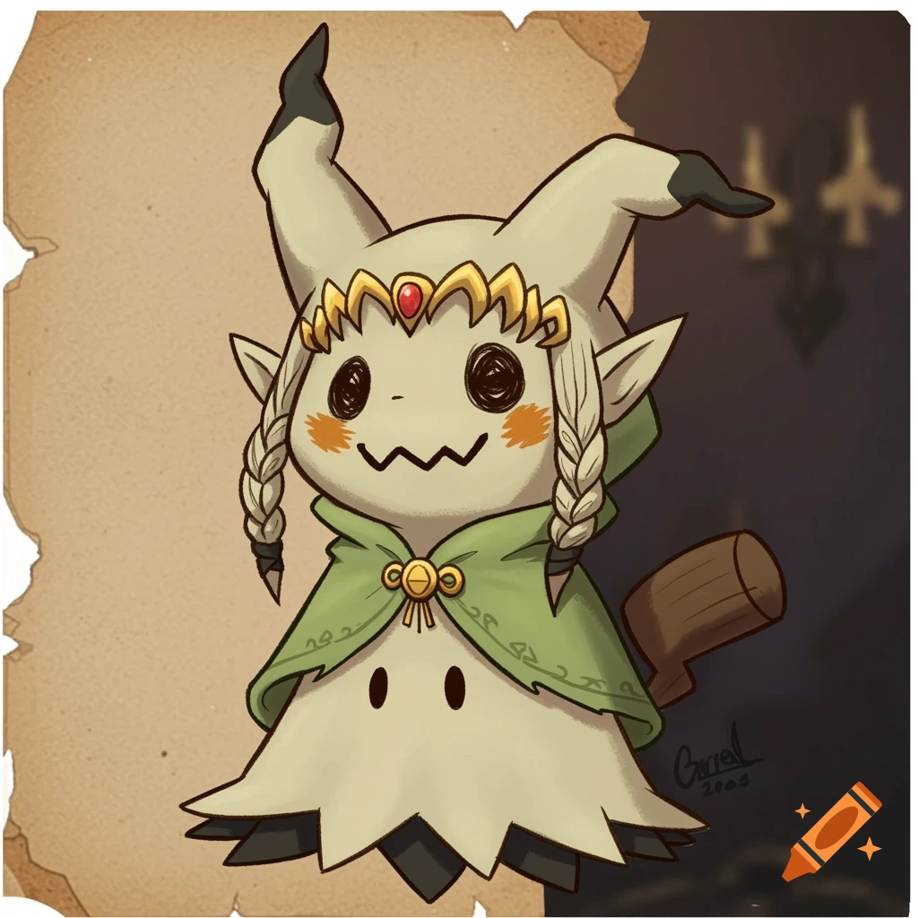 A chibi Mimikyu dressed as Princess Zelda with braids, a crown, and a green cape, in a split parchment and dark background.