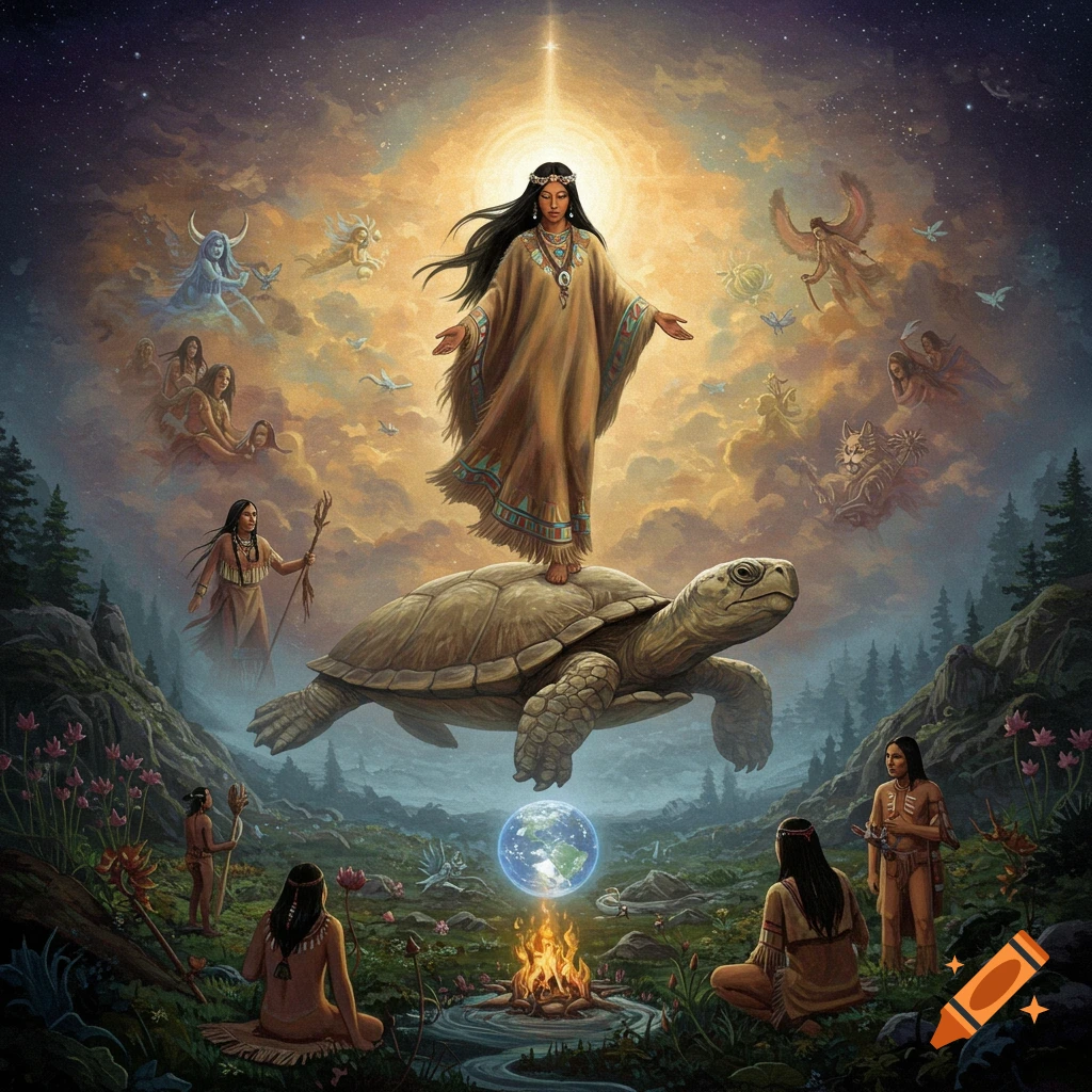 Spiritual art depicting a woman standing on a giant turtle, surrounded by figures, spirits, and animals in a mythological landscape.
