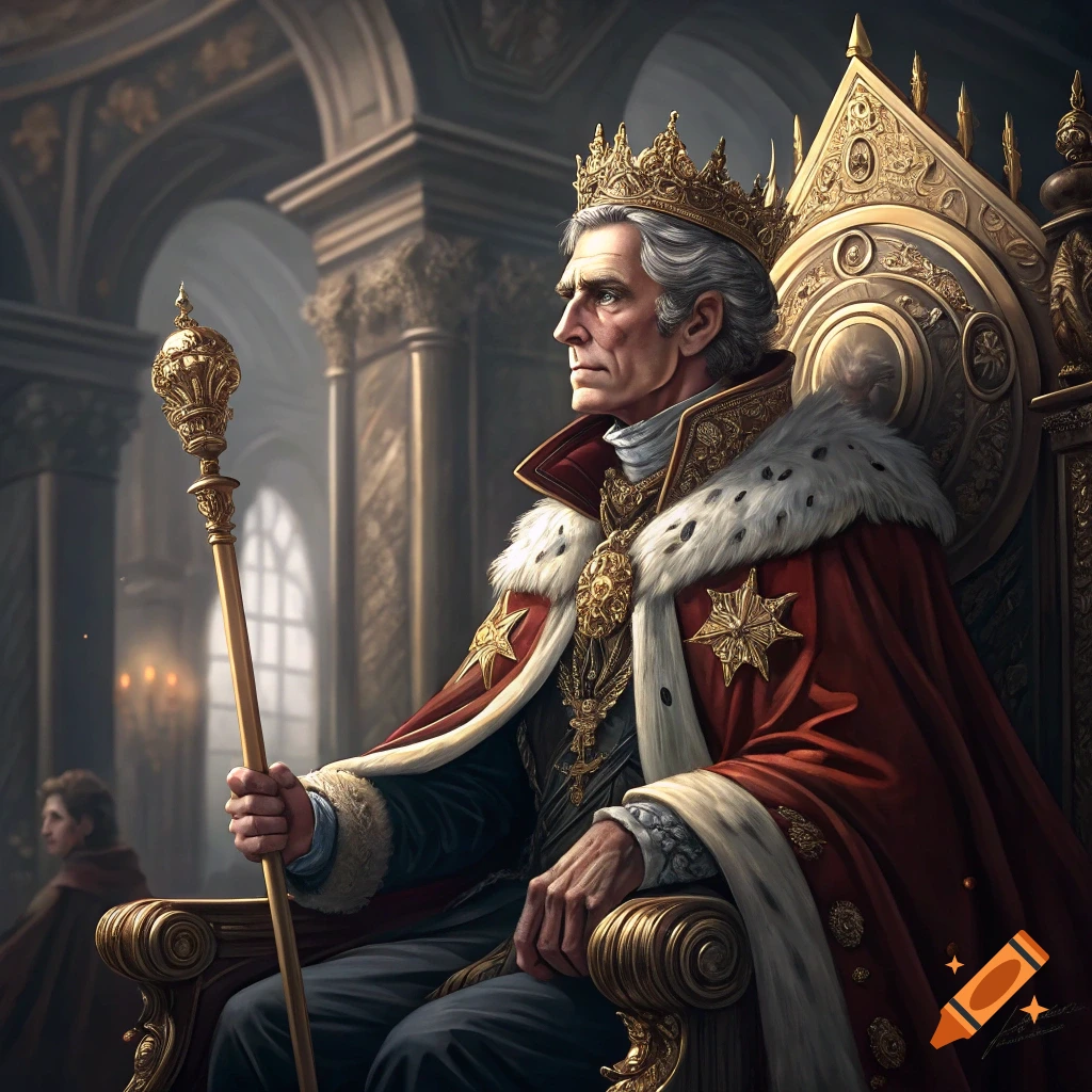 Portrait of Andrew Jackson as a king seated on a throne in a grand hall.