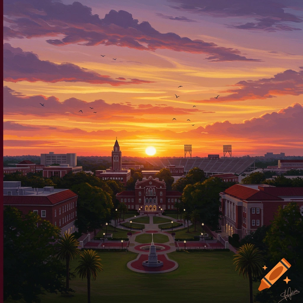 Painterly view of a university campus with a central courtyard and fountain under a vibrant orange and purple sunset sky.