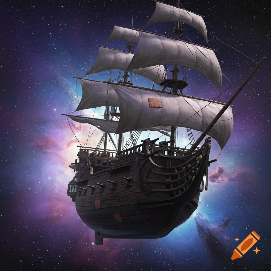 A detailed pirate ship sails through space among swirling nebulas and stars.