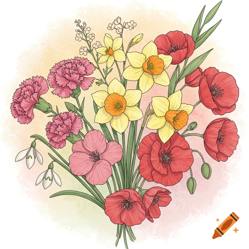 Illustration of a bouquet of various colorful flowers with black outlines.