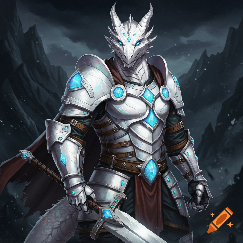 White dragonborn warrior in silver and blue armor with sword, standing in a mountain setting.