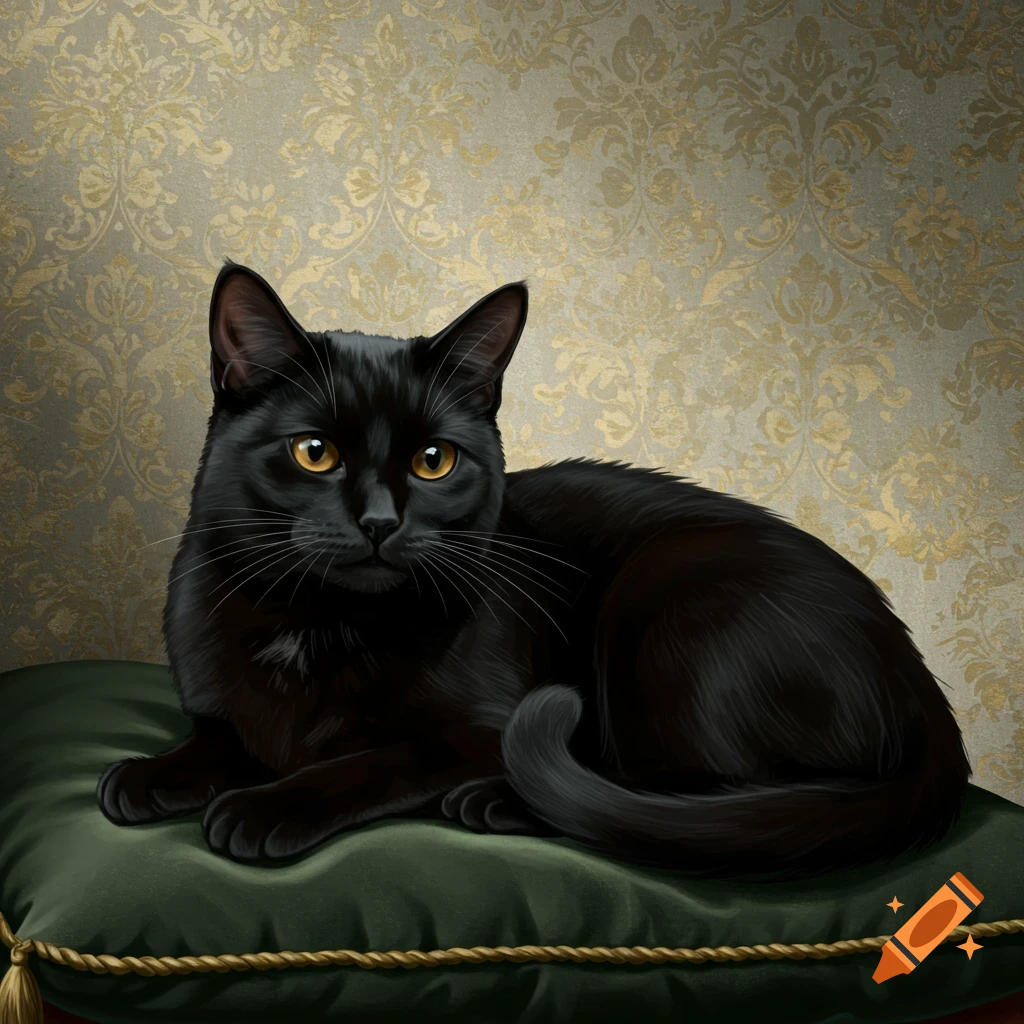 Illustration of a black cat lying on a green pillow in front of gold patterned wallpaper.
