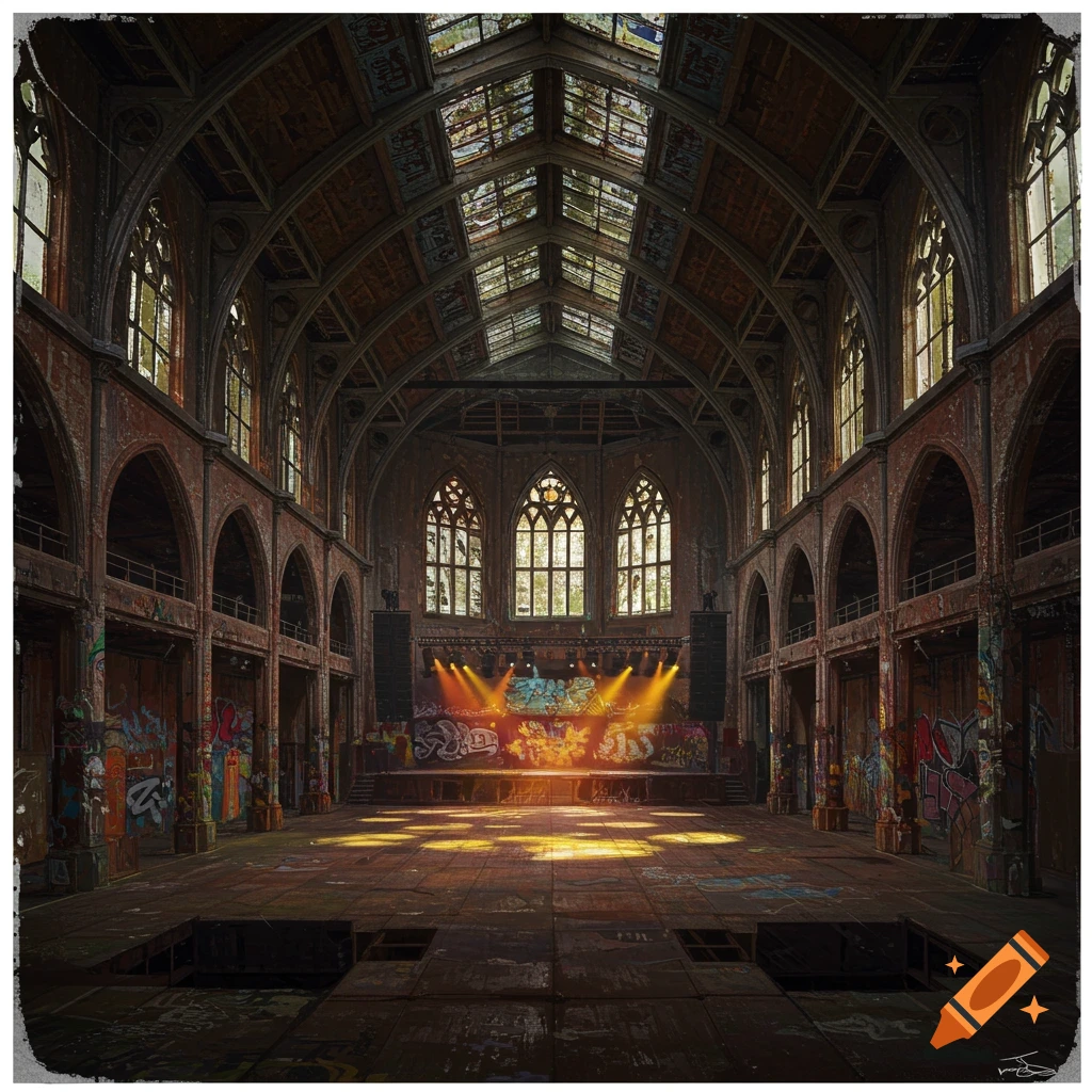 Photorealistic image of a concert venue inside a large, abandoned building with cathedral windows, arches, graffiti, stage lighting, and speakers.