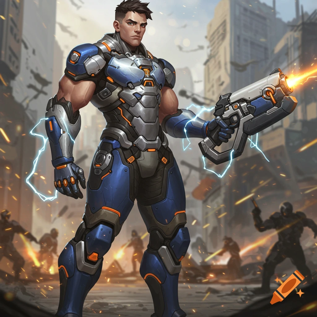 Male character in futuristic blue and silver armor holds a glowing gun in a ruined city battlefield