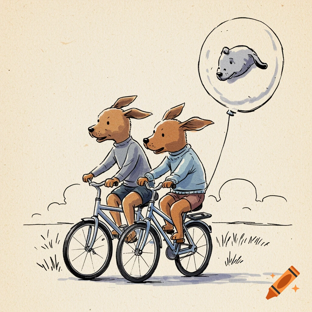 Two cartoon dogs riding bicycles with a dog head balloon. Ballpoint pen illustration style.