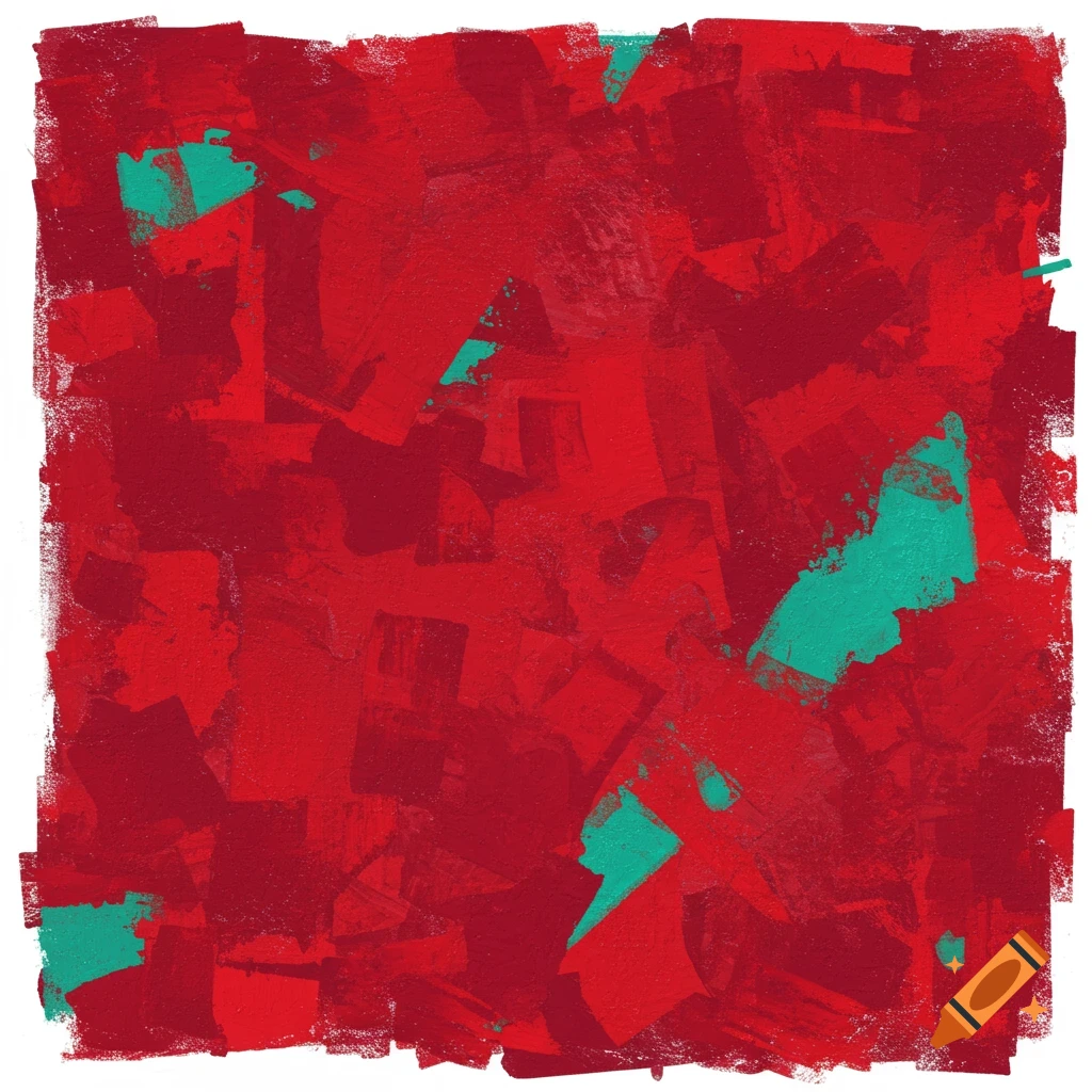 Abstract painting with red and teal brush strokes.