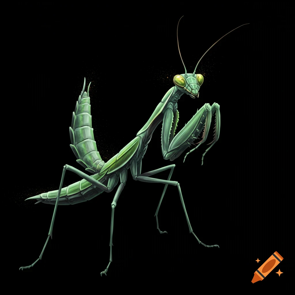 An illustration of a green praying mantis on a black background.