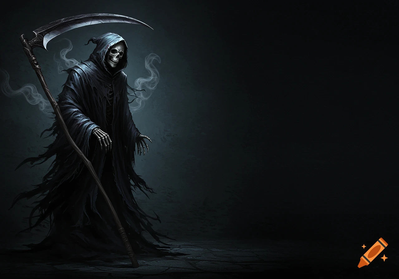 The Grim Reaper stands with a large scythe against a dark background.